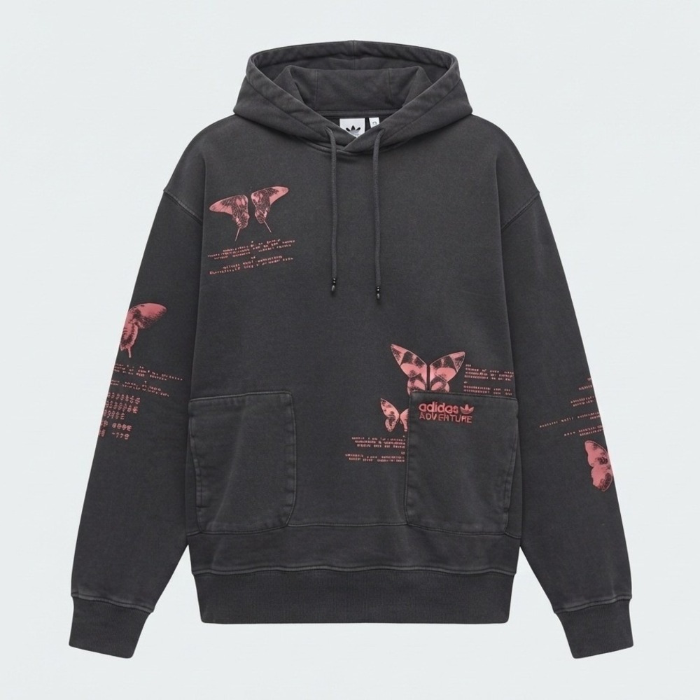 Adidas Adventure Butterfly Graphic Hoodie Washed Black Pink Mens Medium HF4765
